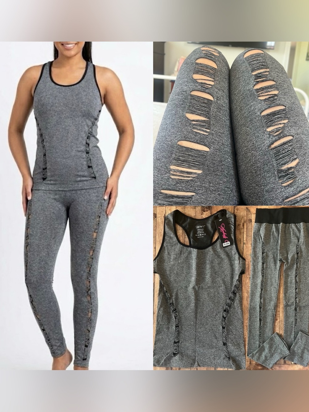 NWT Kimberly C. Gray Distressed Cut Out Yoga Warrior 2pc Set Tank & Leggings NEW
